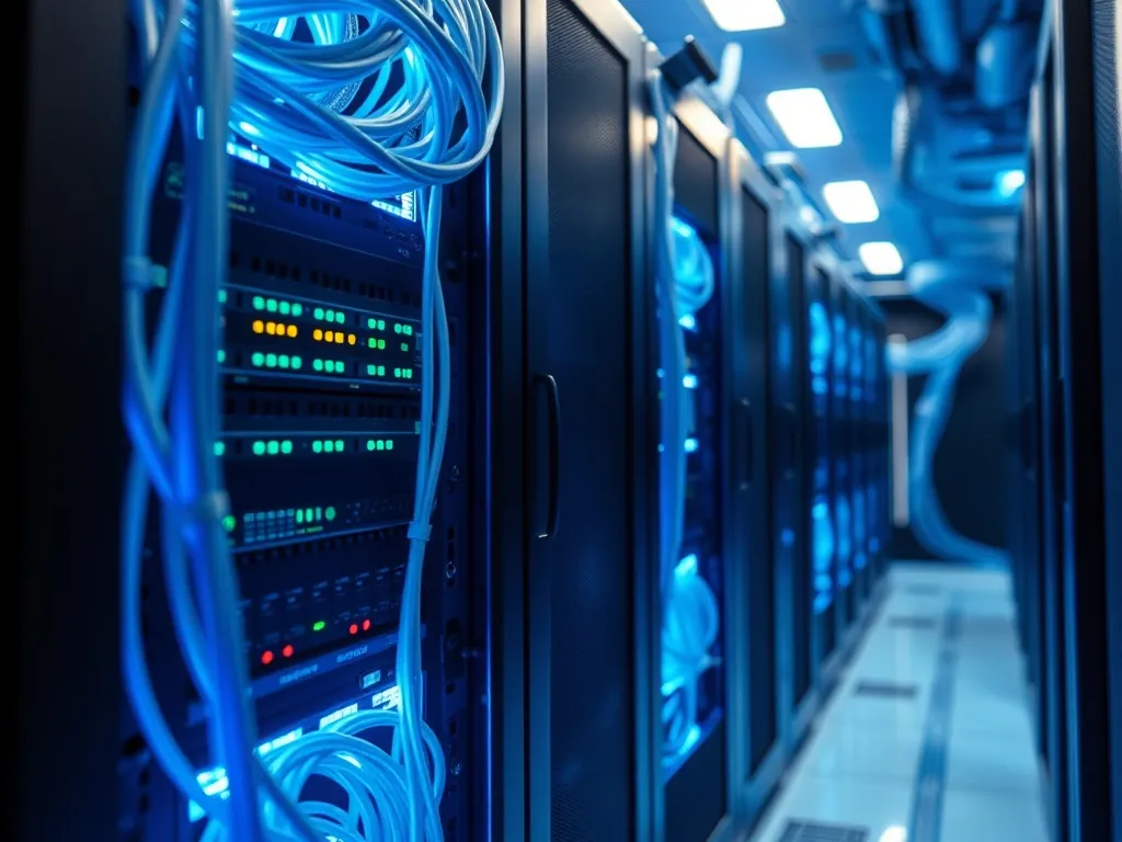 A high-tech server room with glowing blue and silver cables,
