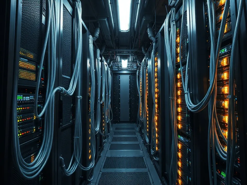 High-tech server room with glowing silver cables and steel p